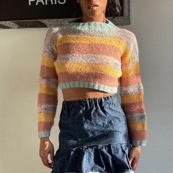 Multicolored Hand Knitted Cropped Pullover Sweater - image 1