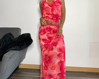 Vintage 90-tals Worthington rödrosa blommigt tvådelat set | Storlek 4 | Mod maxikjol och ärmlös topp | Y2K trädgårdsfestoutfit