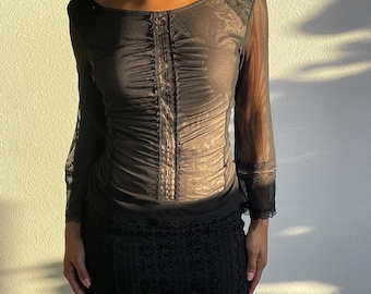 BCBG Maxaria Y2K Black Long Sleeve Lace Top