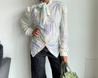 Chemisier fleuri multicolore Eileen des années 1960 | Chemise à imprimé psychédélique Mod | Taille L | Haut boutonné rétro