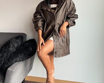 JACQUELINE FERRAR bruine vintage leren damesjas 80&#39;s jaren 80, maat Large