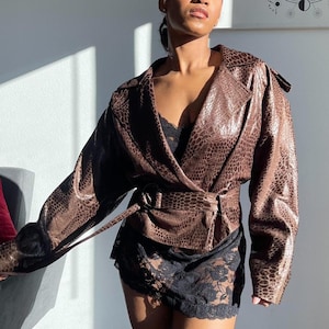 Vintage 80s Alfred Sung Reptile Faux Leather Brown Jacket Size 4