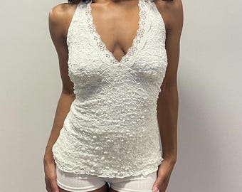 Vintage Y2K White Lace Floral Halter Top – Papaya | Fairycore Coquette Cami Size Large
