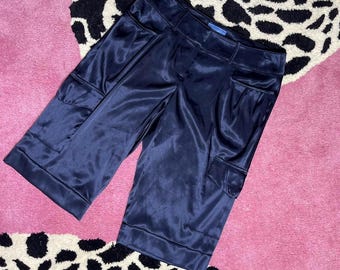Corsaire en satin bleu marine Simply Vera Vera Wang de l'an 2000 | Pantalon court glamour taille 2