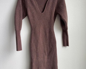 h&m brown sweater dress H&M Brown Knit Sweater Dress Long Sleeve Tunic Dress Faux Pockets Sz S  B4-101