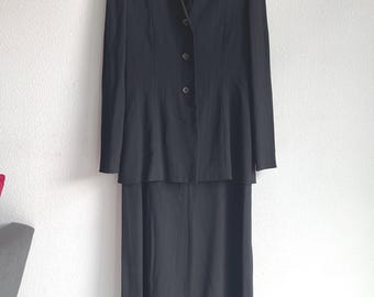Vintage Jil Sander 1990s Black Wool Stripped Dress and Blazer Sz 42