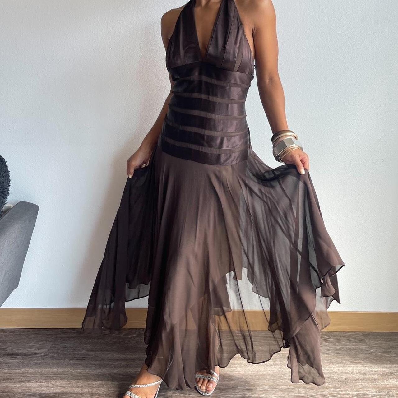 bcbgmaxazria brown dress Y2K Halter 100% Silk Fairy Sz 4 Bcbgmaxazria silk halter dress