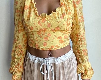Free People Yellow and Orange Floral Crop Top Sz L