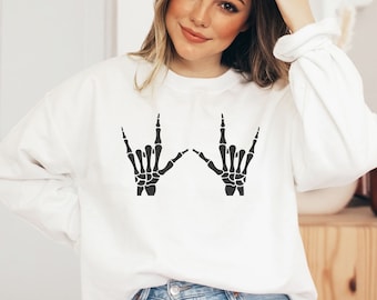 Halloween Rock Hands Sweatshirt, Halloween Skeleton Hands Pullover, Spooky Skeleton Sweater, Spooky Season Shirt, Funny Halloween Sweatshirt