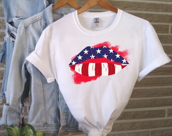 USA Vintage Lips American Flag Shirt, Fourth of July Women's Lips Cute Shirt, 4th of July gift for Her, Independence Day Tee, American Tee