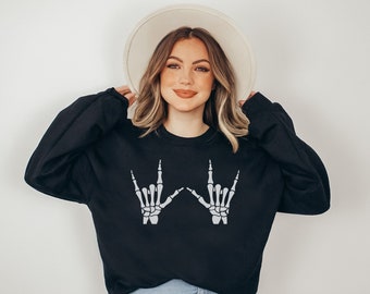 Halloween Rock Hands Sweatshirt, Halloween Skeleton Hands Pullover, Spooky Skeleton Sweater, Spooky Season Shirt, Funny Halloween Sweatshirt
