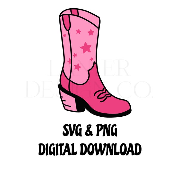 Pink Starry Cowboy Boot SVG, PNG, Cowgirl, Digital Download Sublimation Design, Cricut Silhouette, Party Decor Bachelorette, Girly Western