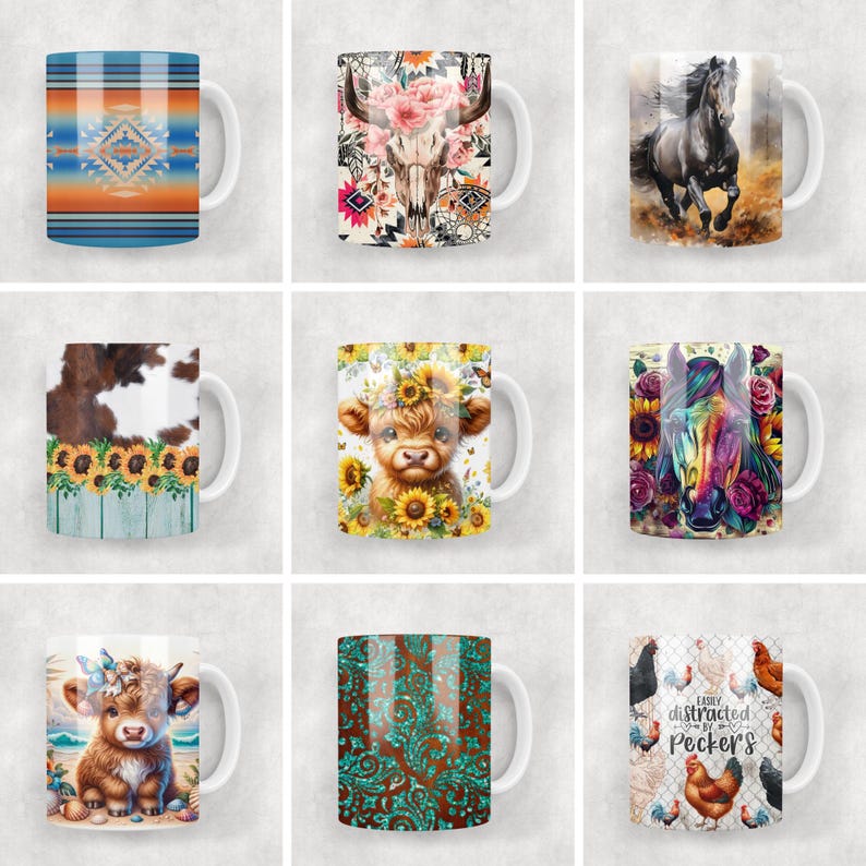 May include: A collection of nine ceramic mugs featuring diverse graphic designs including a geometric pattern, a floral cow skull, a running horse, a cow print with sunflowers, a highland cow, a colorful horse, a beach highland cow, turquoise paisley, and chickens with the text Easily Distracted By Peckers.