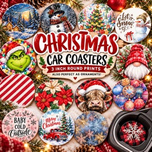 70, Christmas Car Coaster Sublimation Prints ready for press Sublimation bundle, 3 inch Prints, Christmas Ornament