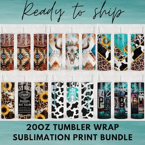 May include: A collection of 20oz tumbler wraps with various designs. The designs include a steer skull, sunflowers, cow print, and geometric patterns. The text "Ready to ship" and "20OZ TUMBLER WRAP SUBLIMATION PRINT BUNDLE" are also visible.