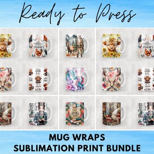 May include: A collection of twelve mug wraps for sublimation printing, featuring diverse graphic designs including sunflowers, highland cows, chickens, dragons, floral patterns, books, and illustrated characters with text overlays.