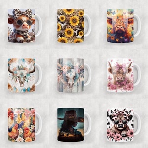 May include: A collection of nine white ceramic mugs featuring various graphic prints including highland cows with bows and sunglasses, sunflowers with leopard print, floral cow skulls, roosters among flowers, and a silhouette of a person in a hat.