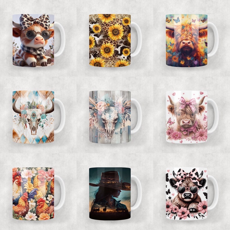May include: A collection of nine white ceramic mugs featuring various graphic prints including highland cows with bows and sunglasses, sunflowers with leopard print, floral cow skulls, roosters among flowers, and a silhouette of a person in a hat.