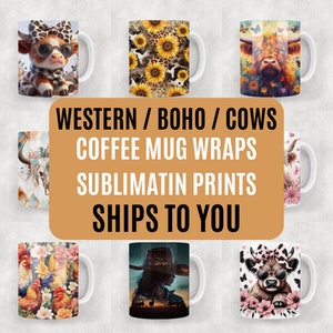 May include: A collection of white ceramic coffee mugs featuring various colorful graphic prints including highland cows with bows and sunglasses, sunflowers with leopard print, floral patterns, roosters, and a silhouette of a person in a hat.