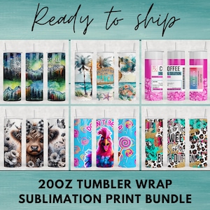 May include: A collection of six 20oz tumbler wrap sublimation designs featuring diverse themes including a mountain landscape, beach scene, prescription bottle, highland cow, colorful rooster with lollipops, and leopard print patterns.