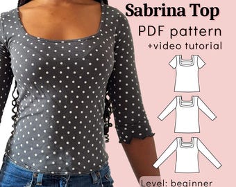 Naaipatroon vierkante hals pdf | Sabrina-top | Stretchbreisel voor beginners | Mouwen met slazoom | VK 6–22