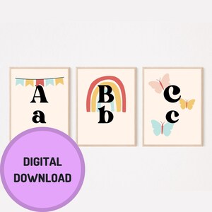 Alfabet boho klaslokaal decor set van 3, alfabet poster set, boho regenboog kinderdagverblijf print, alfabet kinderdagverblijf kunst, klaslokaal kunst aan de muur