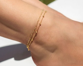 18k Dainty Anklet for Woman, Gold Beaded Anklet, Gold Dainty Anklet Bracelet, Beaded Anklet Bracelet, Gold Anklet Chain, Gold Figaro Anklet