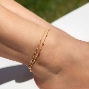 18k Dainty Anklet for Woman, Gold Beaded Anklet, Gold Dainty Anklet Bracelet, Beaded Anklet Bracelet, Gold Anklet Chain, Gold Figaro Anklet