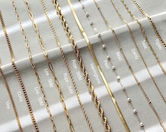 18k Gold Chain Bracelet, Gold Stacking Bracelet, Link Chain Bracelet for Men For Women, Paperclip, Twist, Figaro, Curb, Christmas Gift Idea