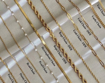 18K Gold Filled Chain Necklace, Twist Chain, Figaro, Dainty, Paperclip Chain, Cable Chain, Curb Chain, Link Chain, Rope Chain, WATERPROOF