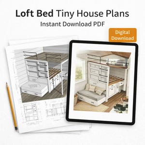May include: Image of loft bed tiny house plans. The image shows a digital rendering of a loft bed design with a desk and storage drawers. The design is displayed on a tablet and a blueprint.