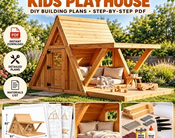 A Frame Kids Playhouse Plans PDF, Wooden Playhouse DIY Plans, Kids Outdoor Playhouse, Woodworking Plans, Step by Step Building Guide