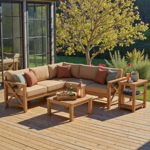 May include: A wooden outdoor sectional sofa with beige cushions, a coffee table, and a side table. The set includes rust and teal throw cushions. The furniture is set on a wooden deck, with a natural outdoor backdrop.