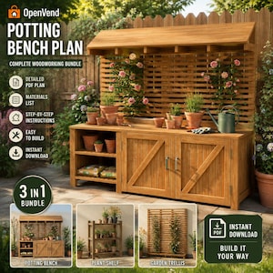 May include: A digital woodworking plan for a potting bench, plant shelf, and garden trellis. The image displays a wooden potting bench with a roof, lattice back, open shelving, and cabinet doors, alongside smaller images of the three individual projects.