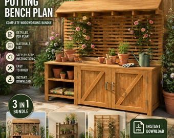 Outdoor Potting Bench Plan – DIY Garden Workbench with Trellis, Canopy & Storage PDF – Instant Download – Woodworking Blueprint