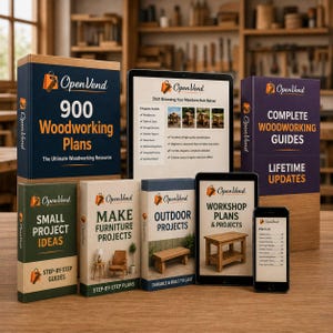 May include: A collection of woodworking guides and plans, including "900 Woodworking Plans" and "Complete Woodworking Guides." The image features books, a tablet, and smartphones displaying project ideas and workshop plans. The guides are step-by-step and durable.