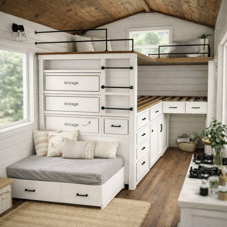 Loft Bed Tiny House Plans PDF – Space Saving Bed With Storage, DIY ...