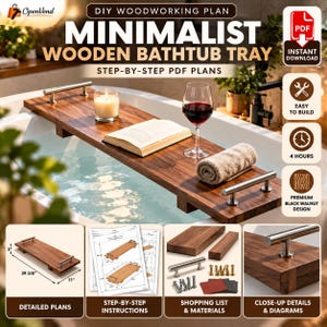 Puede incluir: Un plan de carpintería DIY para una bandeja de bañera rectangular de madera con dos asas de metal plateado. El plan incluye diagramas detallados, una lista de materiales e instrucciones para una bandeja de 100 cm por 28 cm de madera de nogal.