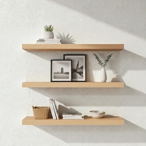 Puede incluir: Tres estantes flotantes de madera clara montados en una pared blanca. Los estantes contienen objetos decorativos, incluyendo fotos en blanco y negro enmarcadas, una pequeña planta en maceta, libros, una cesta de mimbre y un cuenco de cerámica.