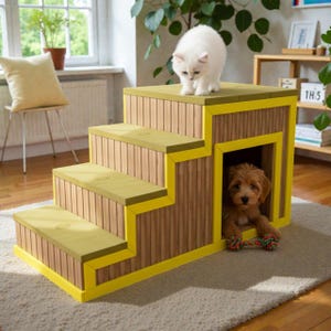 May include: A multi-level pet house with a staircase and a dog house. The structure is made of wood with yellow trim. A white cat stands on top, while a small brown dog sits inside the dog house, holding a toy.