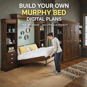 May include: A woman lowers a dark wood Murphy bed from a cabinet. The bed has a white duvet and yellow cushions. The image includes the text "BUILD YOUR OWN MURPHY BED DIGITAL PLANS". The bed is in a room with wooden floors.