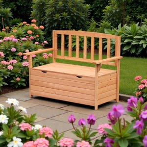 Peut inclure: Banc de rangement extérieur en bois avec dossier à lattes et accoudoirs. Le banc est en bois clair et possède un compartiment de rangement sous l'assise. Le banc est entouré de verdure et de fleurs.