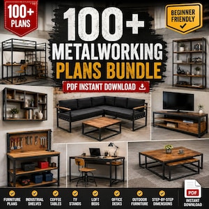 Op de afbeelding: Een digitaal pakket met 100+ metaalbewerkingsplannen met diverse meubelontwerpen, waaronder hoogslapers, rekken, hoekbanken, salontafels, tv-meubels en werkbanken met zwarte metalen frames en houten accenten, beschikbaar als PDF-download.