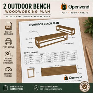 Peut inclure: Un plan de menuiserie pour un banc d'extérieur, comprenant un schéma technique, une liste de débit avec des dimensions en cm et des instructions d'assemblage. Le document affiche le texte 2 OUTDOOR BENCH WOODWORKING PLAN et Openvend.