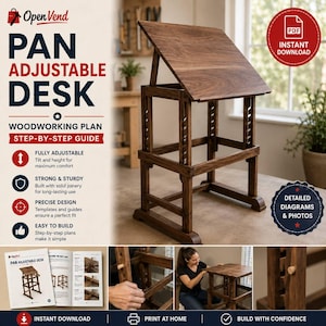 Op de afbeelding: Een houtbewerkingsplan voor een verstelbaar Pan-bureau, met een tekentafel van donker hout met een kantelbaar blad en instelbare hoogte. De digitale gids bevat stapsgewijze instructies, gedetailleerde diagrammen en foto's.