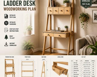 Ladder Desk Woodworking Plan | DIY Desk Plans | Wood Desk With Drawers | Build Your Own Desk | PDF Woodworking Plans | Instant Download