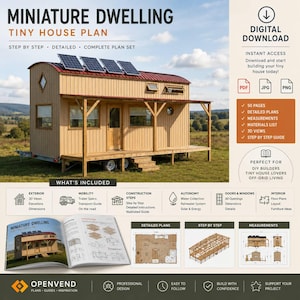 以下が含まれることがあります： ミニチュア住宅の建築計画のデジタルダウンロード。このドキュメントには、ソーラーパネルとフロントポーチを備えた木造のタイニーハウスの、詳細な建設手順、3Dビュー、材料リスト、寸法が記載された50ページが含まれています。