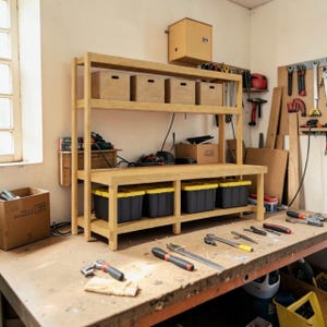 May include: A wooden workbench with three shelves, holding cardboard boxes and black and yellow toolboxes. Various tools are scattered on the work surface. The workbench is in a well-lit workshop setting.