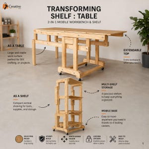 May include: A light-coloured wooden 2-in-1 transforming shelf and table unit. The piece functions as a horizontal workbench with an extendable top or a vertical four-tier storage shelf. It features a mobile base with four locking castors.