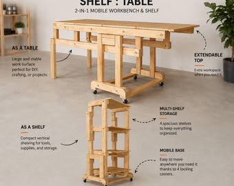 Transforming Shelf to Table Woodworking Plans PDF | Folding Workbench DIY Plan | Convertible Shelf Table Blueprint | Digital Download
